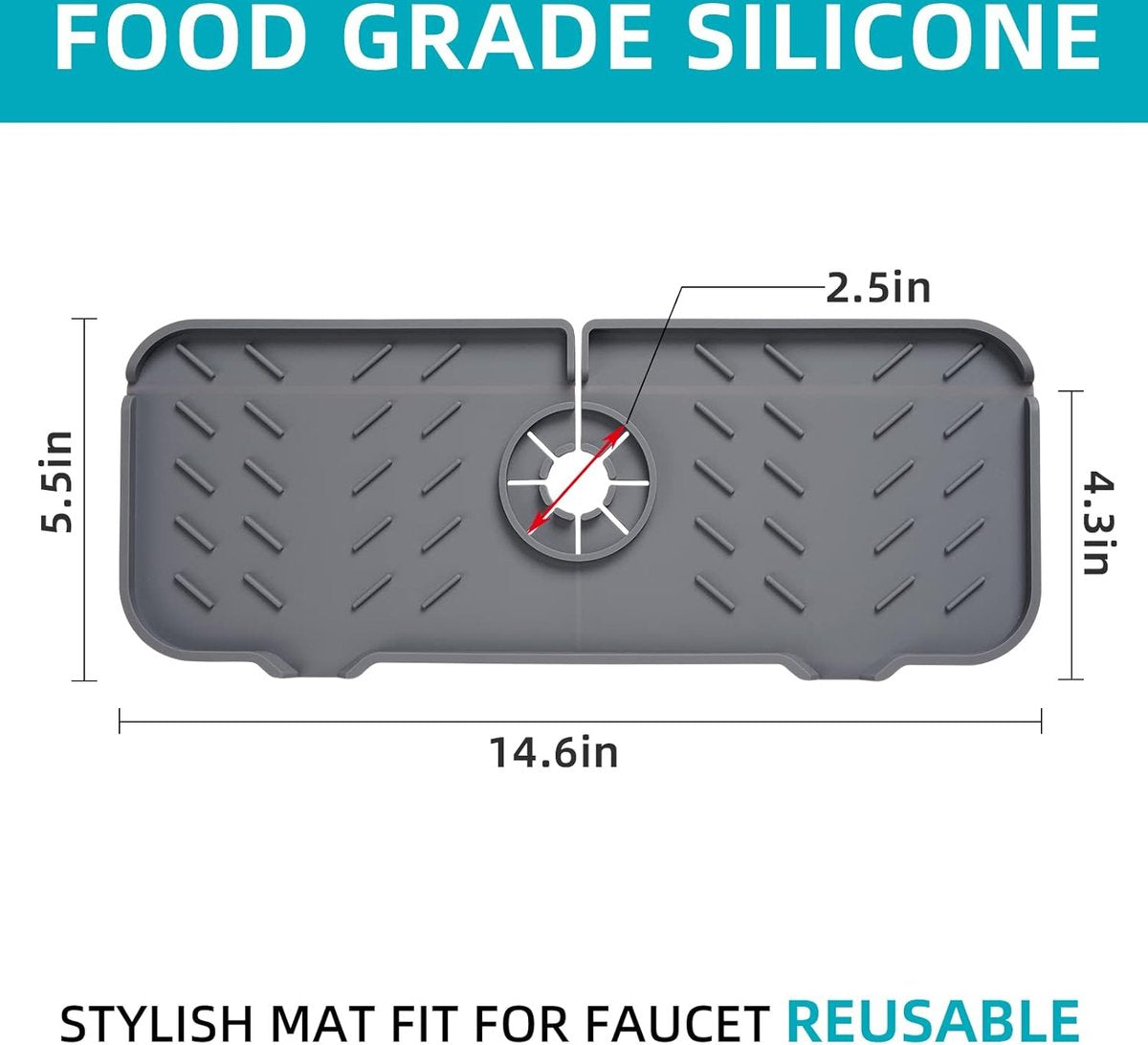 Silicone Faucet Mat - 37 x 14.5 CM - Draining Mat - Silicone Mat for Kitchen Faucet - Washbasin Splash Protection - Drain Pad - Sink Mat - Countertop Accessories - Sink - Drying Mat - Kitchen - Bathroom - Grey - Non-slip