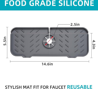 Silicone Faucet Mat - 37 x 14.5 CM - Draining Mat - Silicone Mat for Kitchen Faucet - Washbasin Splash Protection - Drain Pad - Sink Mat - Countertop Accessories - Sink - Drying Mat - Kitchen - Bathroom - Grey - Non-slip