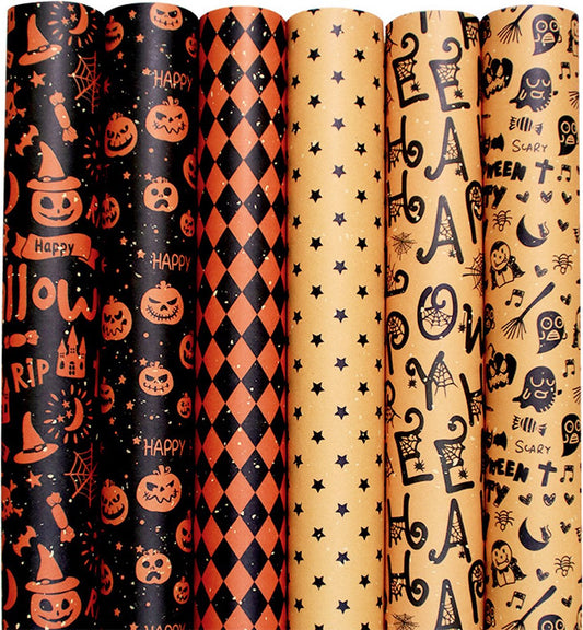 Wrapping Paper 6 Rolls - Gift Paper - Sustainable - Eco-friendly & Plastic-free - Tear-resistant - 50x70cm - Birthday - Decorations - Gift Paper - Party Assortment - Various Designs - Halloween - Pumpkin/ Bat/ Witch's Hat/ Star