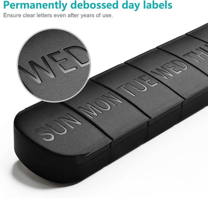 7-Day Pill Box - Portable Medicine Box - Weekly Pill Organizer - Once-a-Day Pill Box - Pill Containers - Travel-Friendly - For Medicines, Vitamins, Fish Oil Supplements - Black