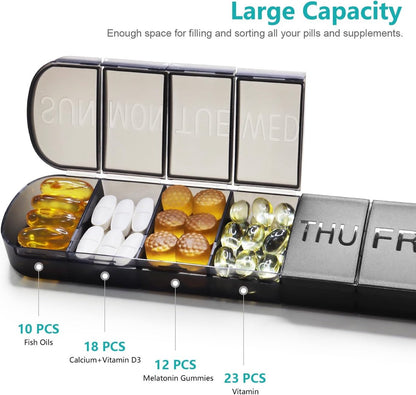 7-Day Pill Box - Portable Medicine Box - Weekly Pill Organizer - Once-a-Day Pill Box - Pill Containers - Travel-Friendly - For Medicines, Vitamins, Fish Oil Supplements - Black