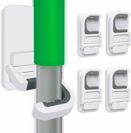 Broom Hanging System - 4 Pieces - Broom Holder - Broom Holder System - Mop Holder - No Drilling Required - Self-Adhesive Mop Holder - Tool Holder - Wall Mounting - Bathroom Accessories - Kitchen Storage Rack - Garden Tools - For Mop and Broom - White.