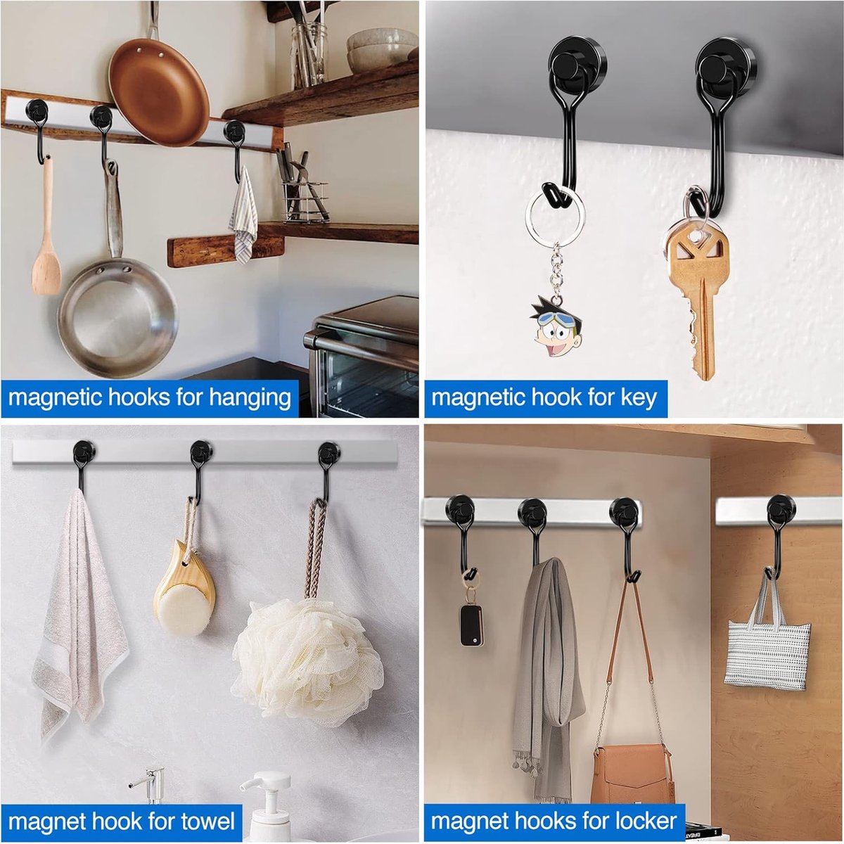 Towel Hook - Hooks - Hooks - With Hooks - 24 Kg Magnetic Hooks - Heavy Duty Strong Magnets - For Grill Ceiling Magnetic Board Kitchen Office - For Kitchen Fridges - 360 Degree Rotatable Neodymium Magnetic - 6 Pieces - Black