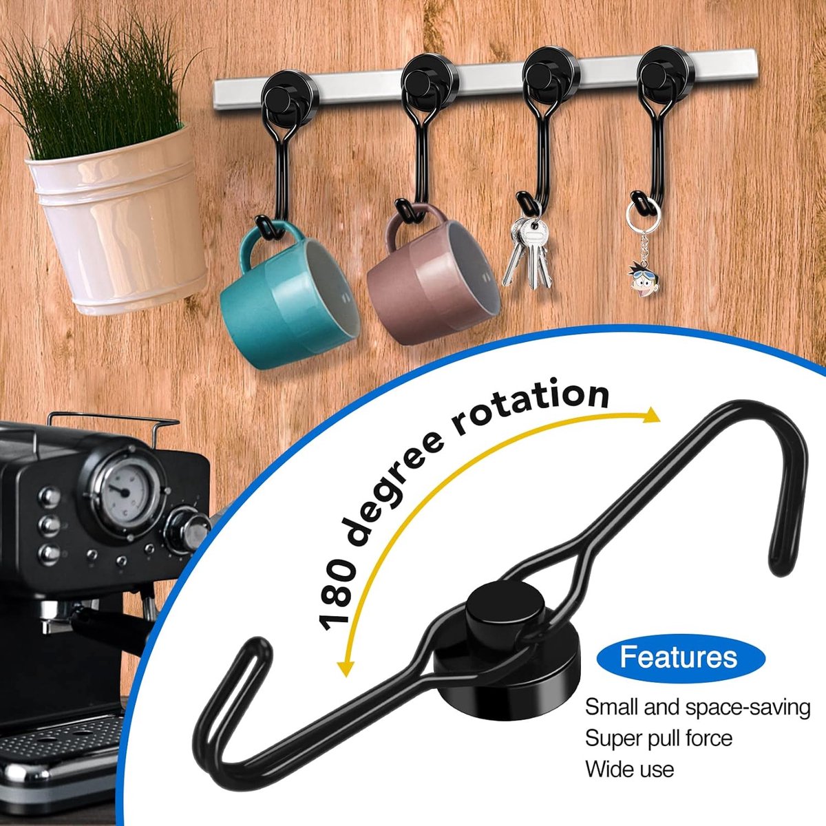 Towel Hook - Hooks - Hooks - With Hooks - 24 Kg Magnetic Hooks - Heavy Duty Strong Magnets - For Grill Ceiling Magnetic Board Kitchen Office - For Kitchen Fridges - 360 Degree Rotatable Neodymium Magnetic - 6 Pieces - Black