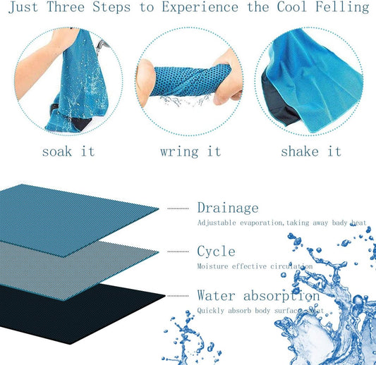 Three-pack cooling towels - Cooling microfiber - Polyester - Sports towel - Cooling towel - Fast-drying and sweat-wicking - Includes a portable silicone sleeve - Suitable for fitness, outdoor activities, and sports - Unisex