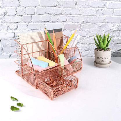 Pen Tray - 5 Compartments and Drawer - Desk Organizer - Rose Gold - Pen Holder - Desk Organizer - Durable - Non-Fading - Metal - Pen Trays - Mesh - Fashion - Multifunctional Storage System - Neatness & Classification - Save Space