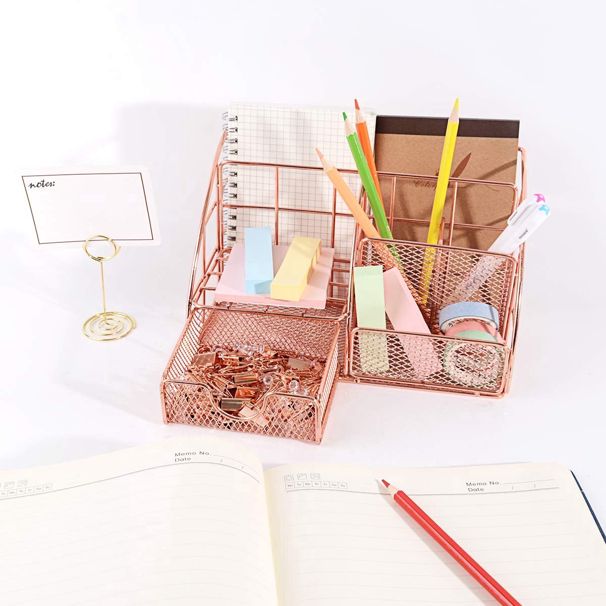 Pen Tray - 5 Compartments and Drawer - Desk Organizer - Rose Gold - Pen Holder - Desk Organizer - Durable - Non-Fading - Metal - Pen Trays - Mesh - Fashion - Multifunctional Storage System - Neatness & Classification - Save Space