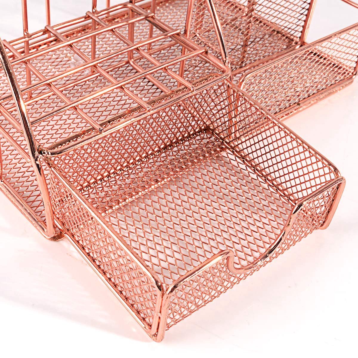 Pen Tray - 5 Compartments and Drawer - Desk Organizer - Rose Gold - Pen Holder - Desk Organizer - Durable - Non-Fading - Metal - Pen Trays - Mesh - Fashion - Multifunctional Storage System - Neatness & Classification - Save Space