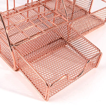 Pen Tray - 5 Compartments and Drawer - Desk Organizer - Rose Gold - Pen Holder - Desk Organizer - Durable - Non-Fading - Metal - Pen Trays - Mesh - Fashion - Multifunctional Storage System - Neatness & Classification - Save Space