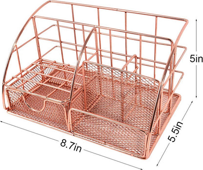 Pen Tray - 5 Compartments and Drawer - Desk Organizer - Rose Gold - Pen Holder - Desk Organizer - Durable - Non-Fading - Metal - Pen Trays - Mesh - Fashion - Multifunctional Storage System - Neatness & Classification - Save Space