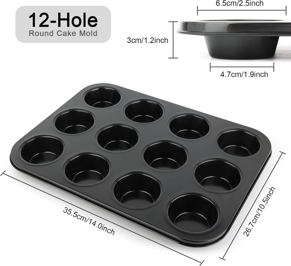 Muffin Pan - 12 Muffins - Cupcakes - Cupcake Molds - BPA Free - Non-Stick - Cooking & Baking - Reusable - Baking Pans - Oven Safe - Black