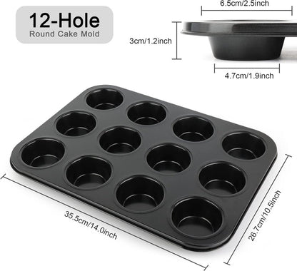 Muffin Pan - 12 Muffins - Cupcakes - Cupcake Molds - BPA Free - Non-Stick - Cooking & Baking - Reusable - Baking Pans - Oven Safe - Black