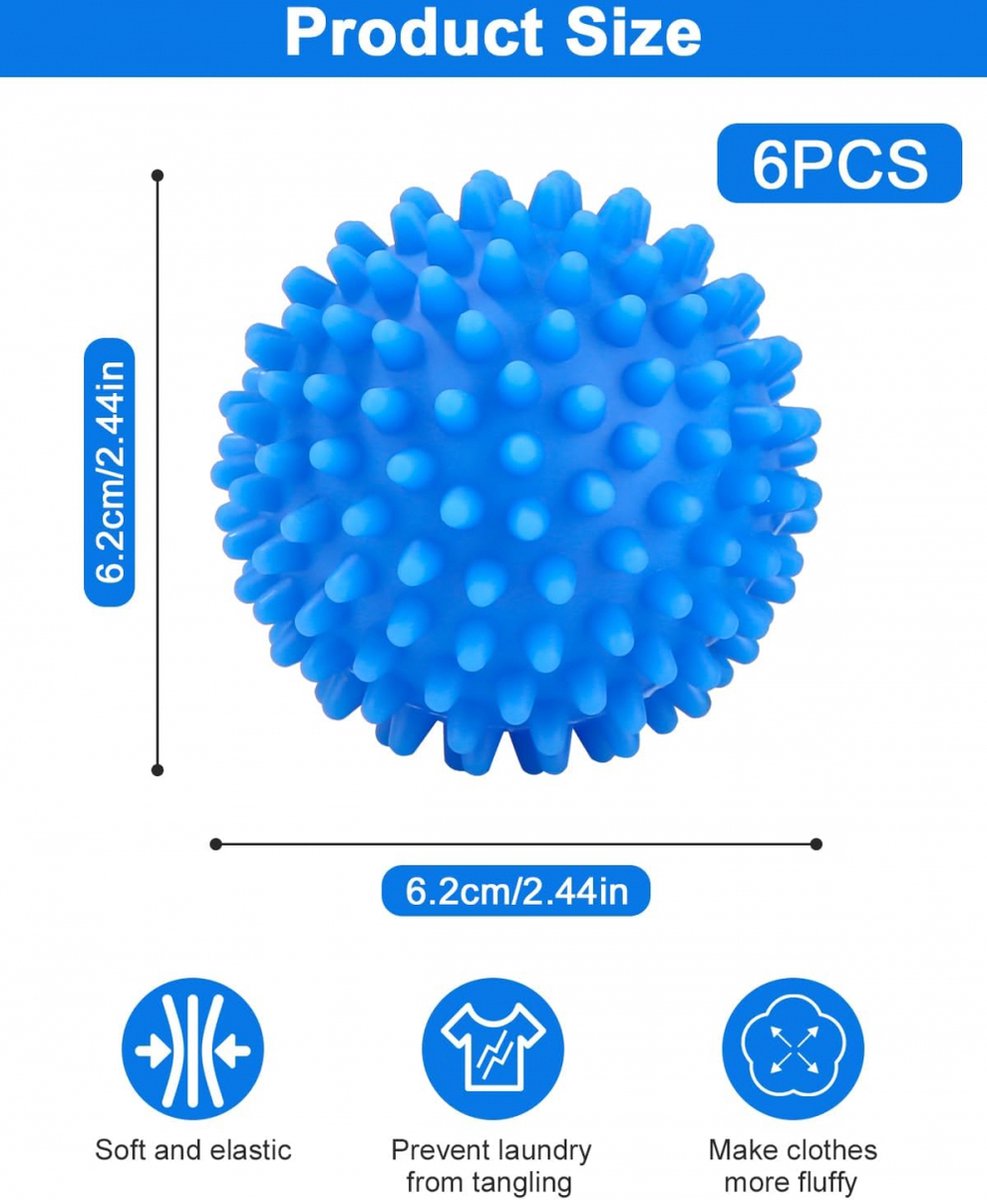 Dryer Balls - Set of 6 - Reusable - Clothes Dryer Balls - Dryer Balls - Laundry Balls - Dryerballs - Sustainable Laundry Drying - Energy Saving - Faster Drying - Anti-Crease - Laundry - Washing Machine - Blue