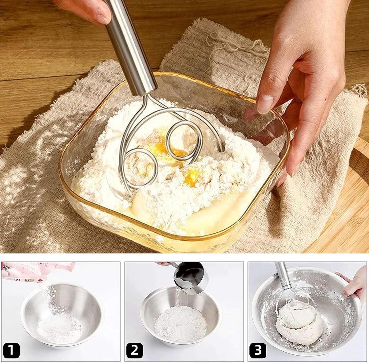 Dough Beater - 2 Pieces - Dough Whisk - Mixing and Beating - Danish Whisk - Dough Mixer - Spiral Whisk - Beating Dough - Egg Beater - Double Ring - Kitchen Utensils - For Baking in the Kitchen - Manual Dough Mixing - Bread Cake Making - Stainless Steel -