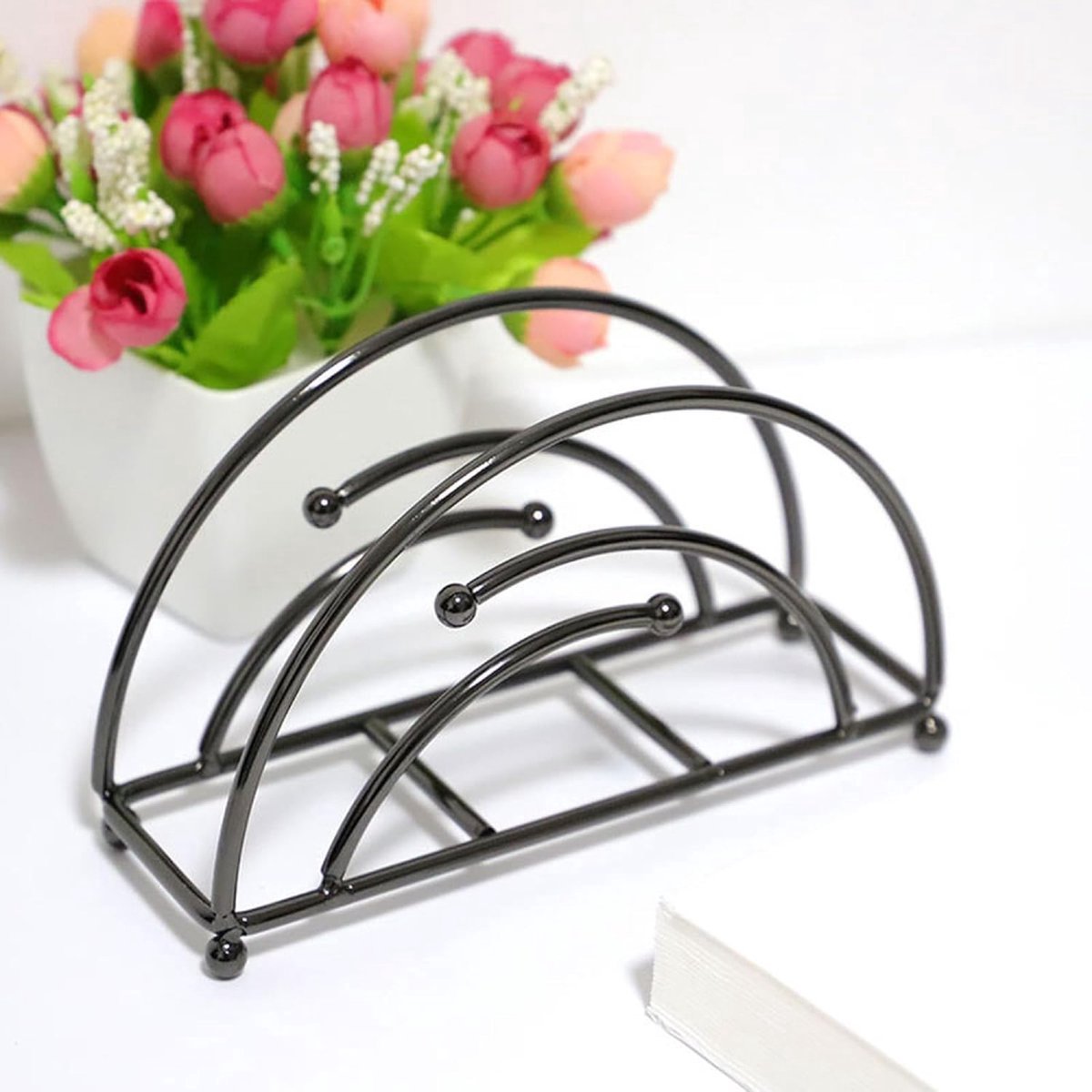Napkin Holder - Napkin Holder - Vertical Napkin Holder - Metal - 17x5.5x9.5cm - Prevents Getting Wet - Half Circle - Napkin Accessories - Home Decor - Glossy Black - Suitable For Coffee Shops, Living Rooms, Hotels, Restaurants - Durable