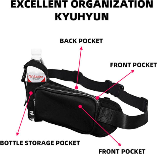 Waist Bag with Bottle Holder - Hiking Waist Bag with Bottle Holder - Outdoor Pouch Bag with Water Bottle / Bib Holder - Ideal for Festivals or Vacations - Multifunctional Strap - Adjustable - For Hiking, Dog Walks, Outdoor Activities - Black.