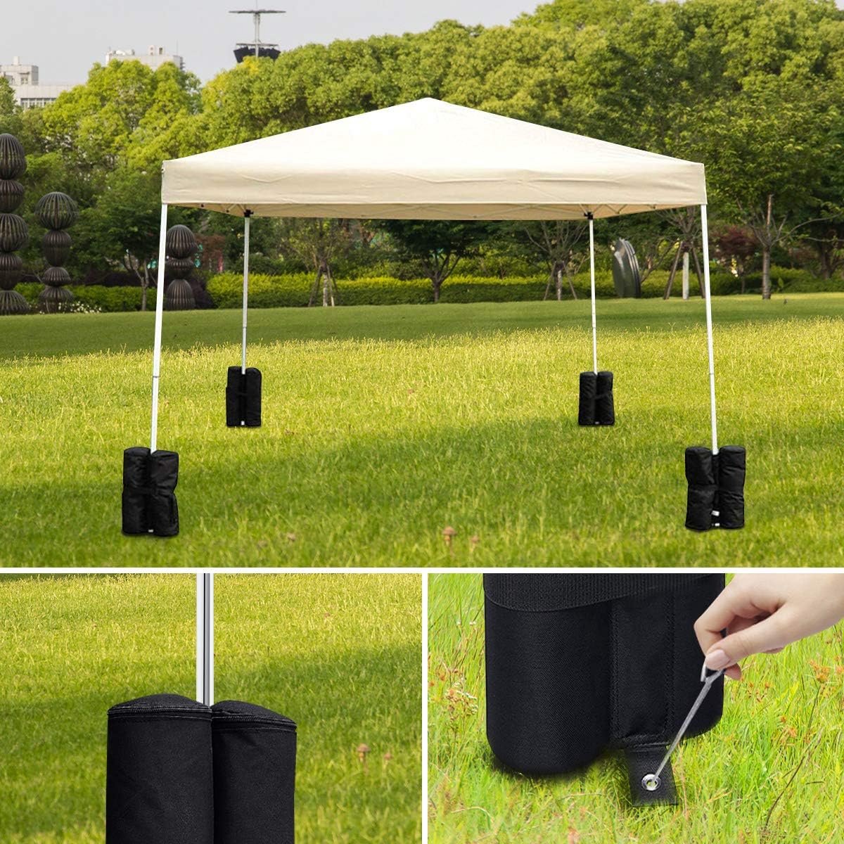 Sandbags - 4 Pieces - 30 x 42 Cm - Weight Bag - Sandbags for Protective Cover - Base Weights for Garden Tent, Party Tent, Pop-Up Tent, Parasol and Trampoline - Sandbags Fillable with Sand or Gravel - Includes Carrying Strap - Polyester 600D - Black