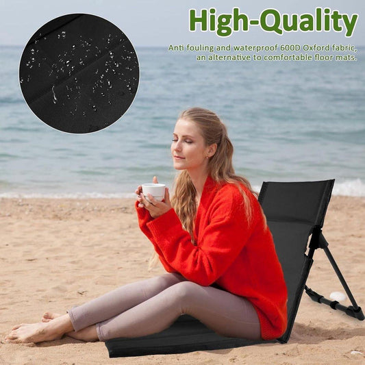 Beach Mat - Foldable Beach Chair - Camping Chair - Beach Mat with Backrest - Outdoor Camping Chair - Collapsible Beach Mat - Lightweight - Portable Sun Lounger - With Storage Bag - Soft Sponge Filling Cushion - Black.