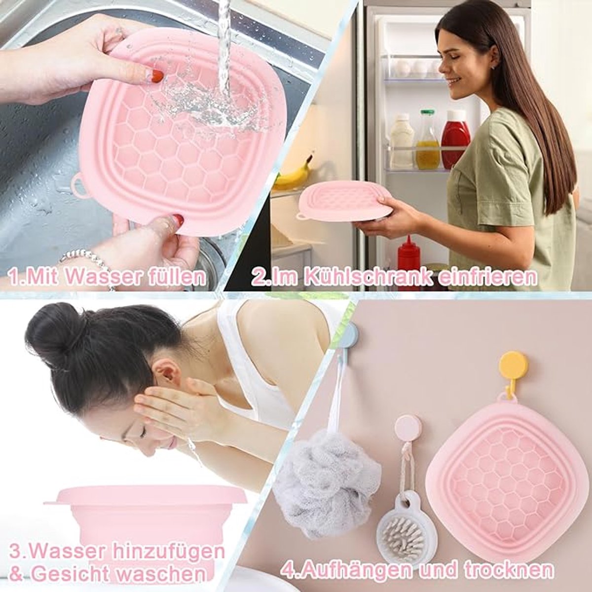 Cooling basin - Facial ice bath - Silicone facial cooling basin - Foldable silicone basin - Built-in ice tray - Portable basin - Cools the face - unclogs and soothes the skin (pink)