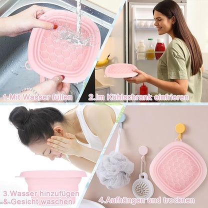 Cooling basin - Facial ice bath - Silicone facial cooling basin - Foldable silicone basin - Built-in ice tray - Portable basin - Cools the face - unclogs and soothes the skin (pink)