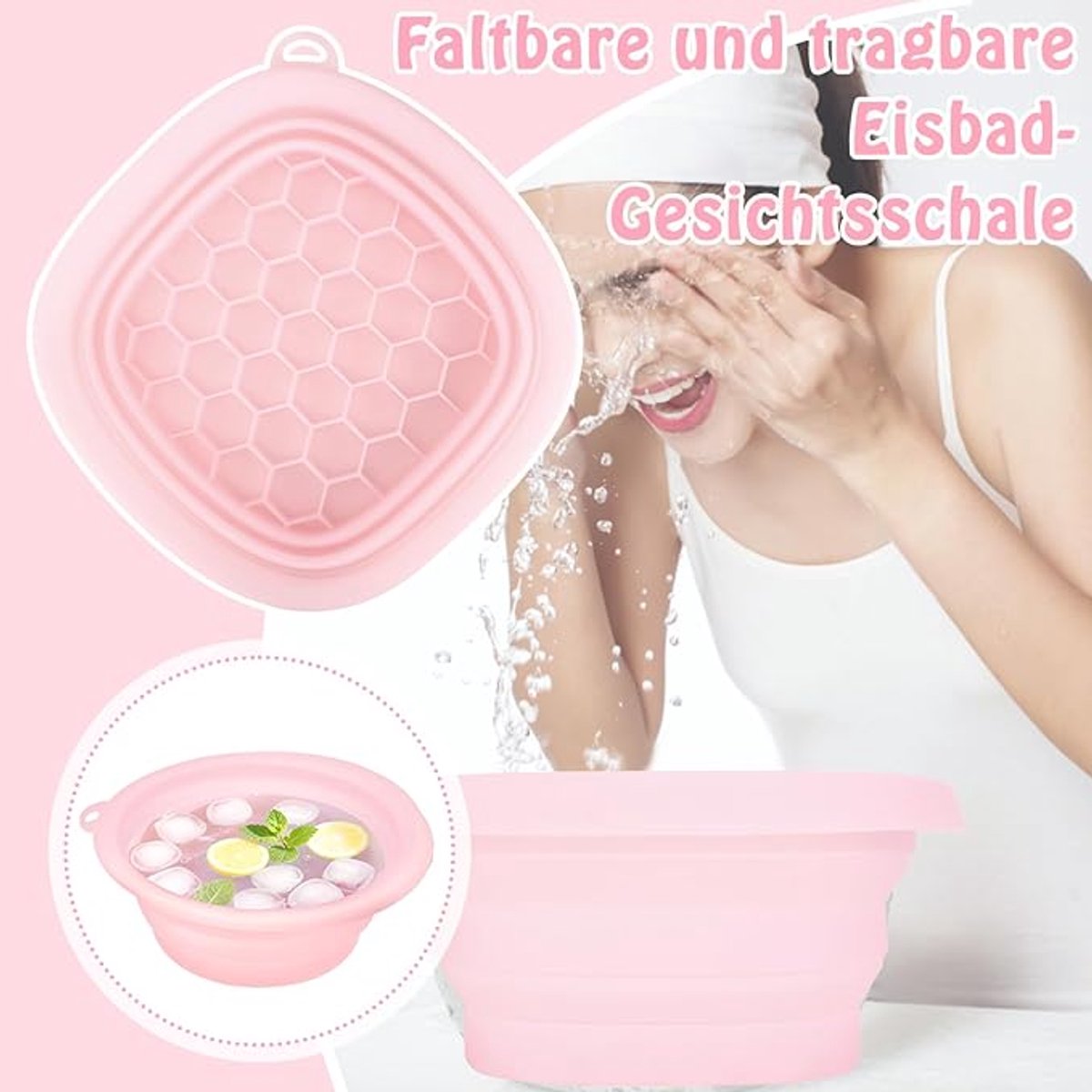 Cooling basin - Facial ice bath - Silicone facial cooling basin - Foldable silicone basin - Built-in ice tray - Portable basin - Cools the face - unclogs and soothes the skin (pink)
