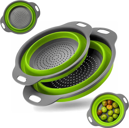 Foldable Colander Set of 2 Pieces - Collapsible Silicone Colander - 1 Large and 1 Small - BPA Free - Dishwasher Safe - Heat Resistant - Easy Storage - Can Be Hung - For Draining Pasta/Vegetables/Fruit - Green