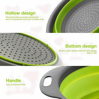 Foldable Colander Set of 2 Pieces - Collapsible Silicone Colander - 1 Large and 1 Small - BPA Free - Dishwasher Safe - Heat Resistant - Easy Storage - Can Be Hung - For Draining Pasta/Vegetables/Fruit - Green