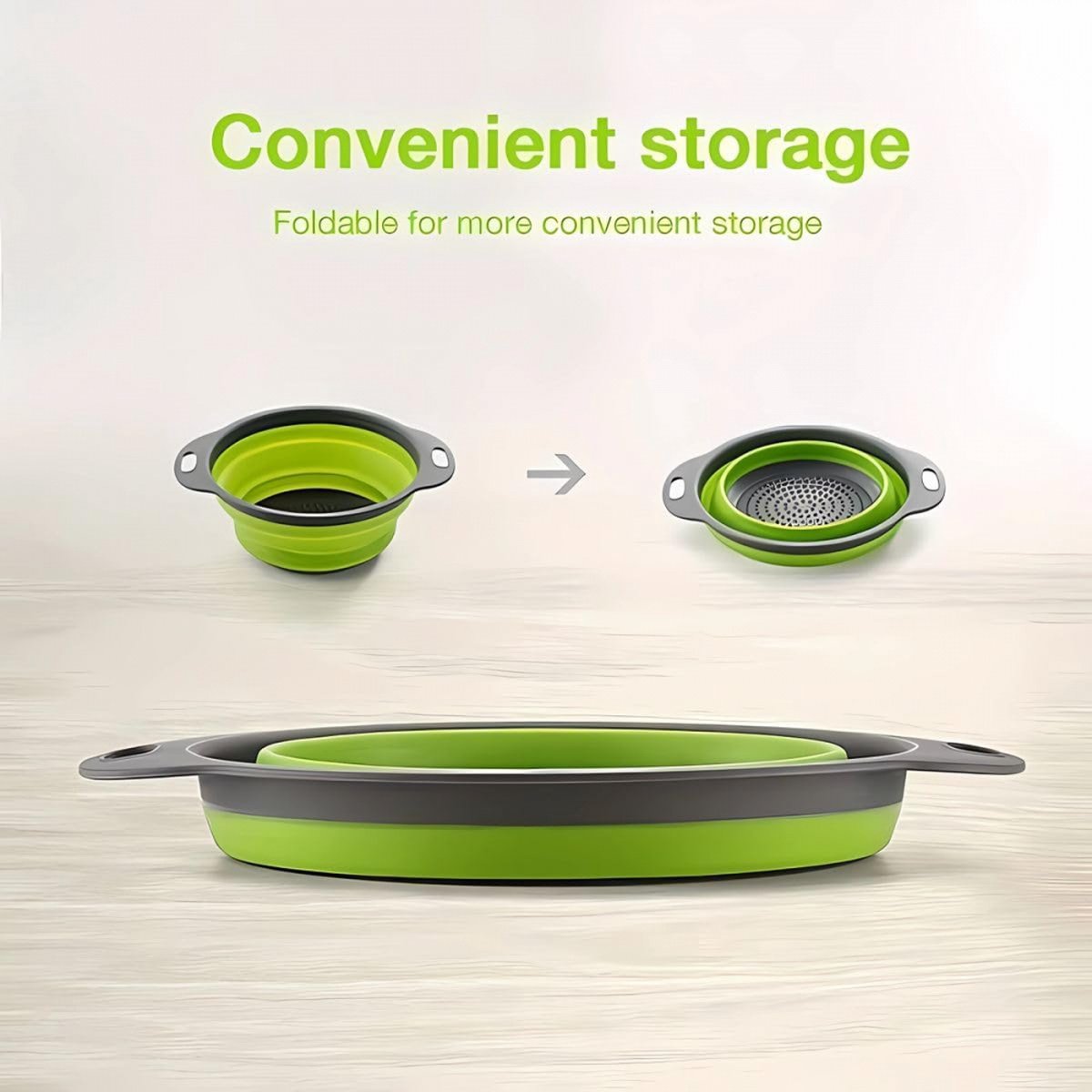 Foldable Colander Set of 2 Pieces - Collapsible Silicone Colander - 1 Large and 1 Small - BPA Free - Dishwasher Safe - Heat Resistant - Easy Storage - Can Be Hung - For Draining Pasta/Vegetables/Fruit - Green