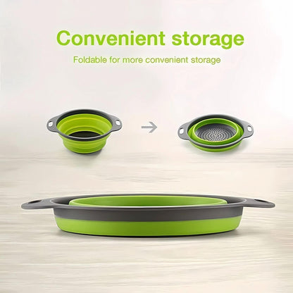 Foldable Colander Set of 2 Pieces - Collapsible Silicone Colander - 1 Large and 1 Small - BPA Free - Dishwasher Safe - Heat Resistant - Easy Storage - Can Be Hung - For Draining Pasta/Vegetables/Fruit - Green