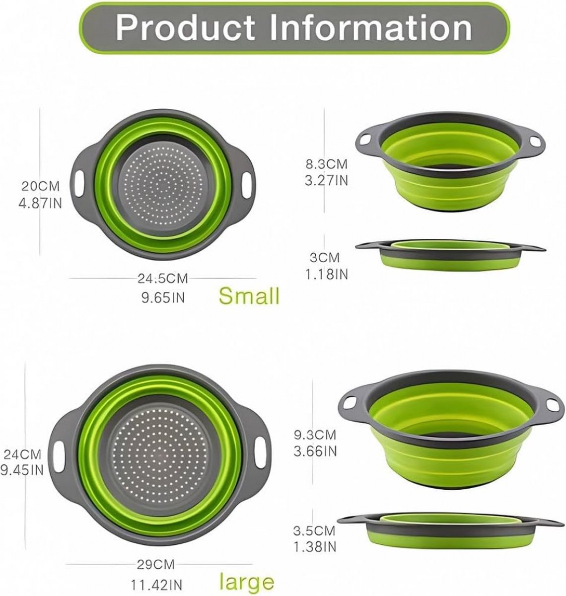 Foldable Colander Set of 2 Pieces - Collapsible Silicone Colander - 1 Large and 1 Small - BPA Free - Dishwasher Safe - Heat Resistant - Easy Storage - Can Be Hung - For Draining Pasta/Vegetables/Fruit - Green