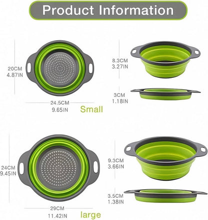 Foldable Colander Set of 2 Pieces - Collapsible Silicone Colander - 1 Large and 1 Small - BPA Free - Dishwasher Safe - Heat Resistant - Easy Storage - Can Be Hung - For Draining Pasta/Vegetables/Fruit - Green