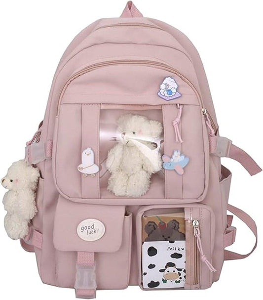 Waterproof backpack for girls - Girl's Backpack With Pin and Accessories - boys' backpack - women's backpack - Lightweight School Bag - School Student School Bag - Large Capacity Backpacks - Teenagers - High School Backpacks - Pink.
