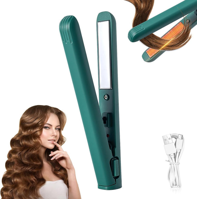 Mini 2-in-1 Curling Iron & Straightener - Dual Function - Portable Travel Curler - Small Hair Straightener - New Mini Curler - USB Interface, Plug-and-Play - Travel Curler and Straightener for All Hair Types - Travel Size - Green Hover Image