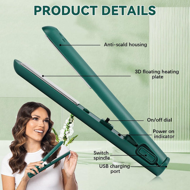 Mini 2-in-1 Curling Iron & Straightener - Dual Function - Portable Travel Curler - Small Hair Straightener - New Mini Curler - USB Interface, Plug-and-Play - Travel Curler and Straightener for All Hair Types - Travel Size - Green Main Image