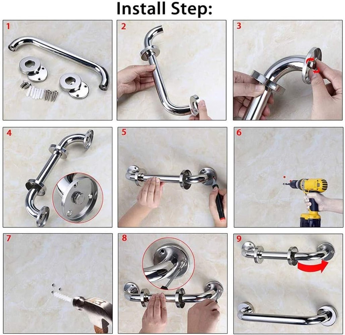 Shower Grab Bar - Stainless Steel - Bathroom Heavy Duty Safety Grab Bars - for the Elderly, Disabled, and Children - Non-Slip Grab Bar - Kitchen - Stairs - Kitchen Cabinet Handle - Safety Grab Bar - Screws Included - Silver - 30CM