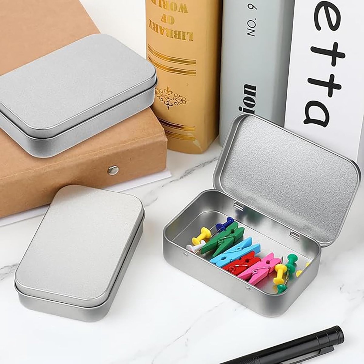 4 pieces - Iron box - Storage box - Portable box - storage box - jewelry box - rectangular metal tins - metal hinged boxes - with lid - for home and outdoors - 9.5*6*2.1 cm - silver