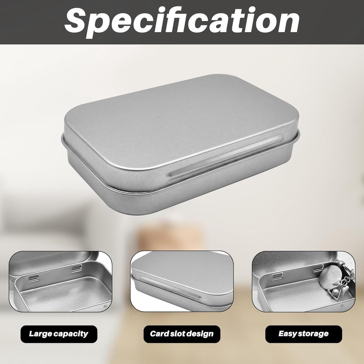 4 pieces - Iron box - Storage box - Portable box - storage box - jewelry box - rectangular metal tins - metal hinged boxes - with lid - for home and outdoors - 9.5*6*2.1 cm - silver
