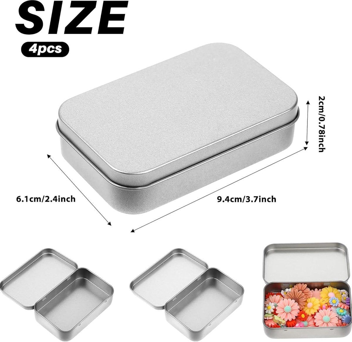 4 pieces - Iron box - Storage box - Portable box - storage box - jewelry box - rectangular metal tins - metal hinged boxes - with lid - for home and outdoors - 9.5*6*2.1 cm - silver