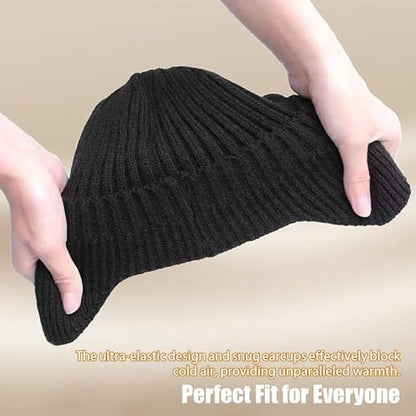 Hat - Knitted hat - Winter hat - Outdoor hat - Warm outdoor hat - with ear flaps and brim - warm knitted hat - windproof winter hat - warm ear protection - for men and women - for cycling, skiing and cold weather - black