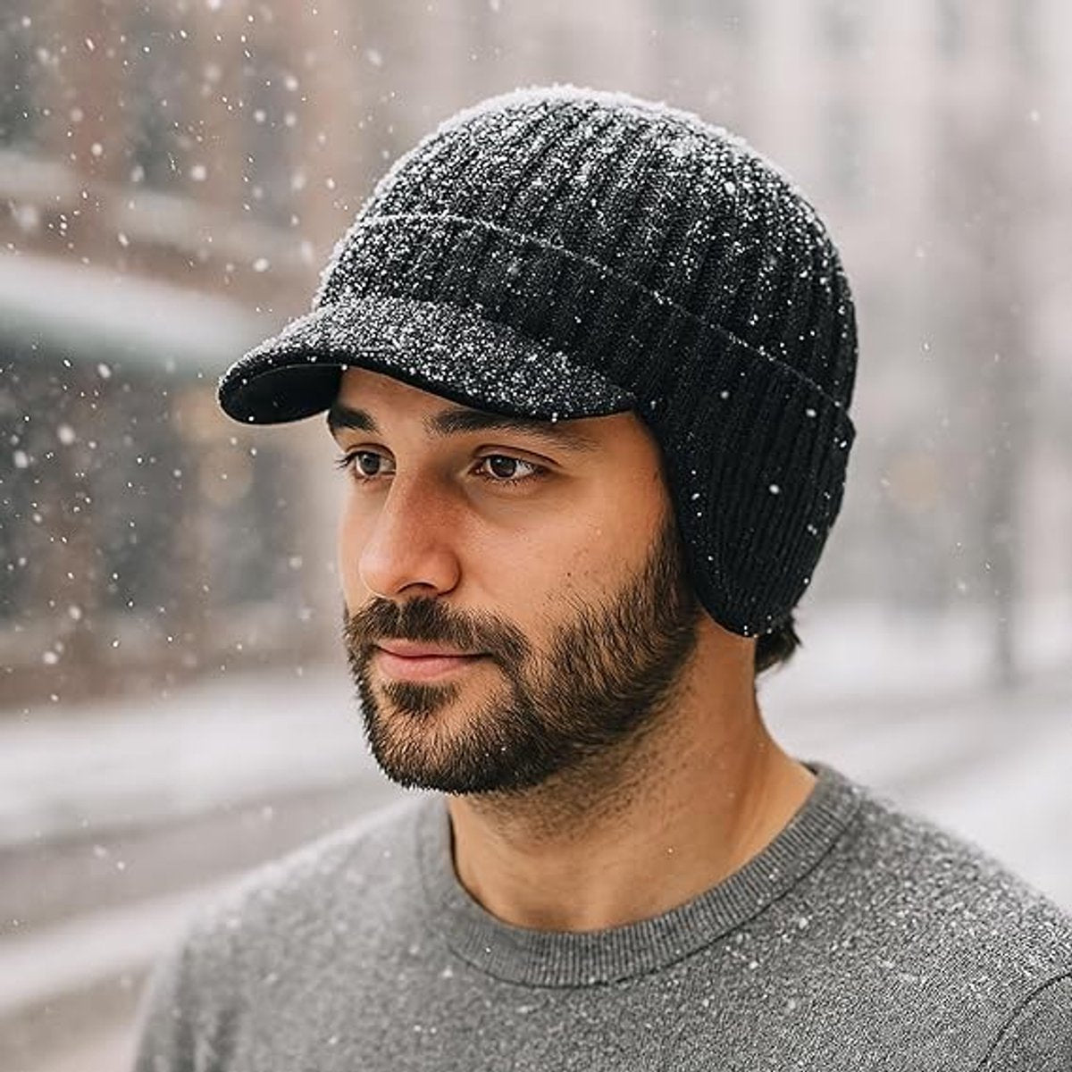 Hat - Knitted hat - Winter hat - Outdoor hat - Warm outdoor hat - with ear flaps and brim - warm knitted hat - windproof winter hat - warm ear protection - for men and women - for cycling, skiing and cold weather - black