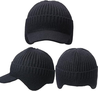 Hat - Knitted hat - Winter hat - Outdoor hat - Warm outdoor hat - with ear flaps and brim - warm knitted hat - windproof winter hat - warm ear protection - for men and women - for cycling, skiing and cold weather - black