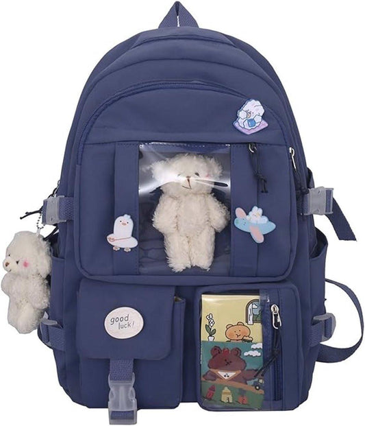 Waterproof backpack for girls - Girl's Backpack With Pin and Accessories - boys' backpack - women's backpack - Lightweight School Bag - School Student School Bag - Large Capacity Backpacks - Teenagers - High School Backpacks - Blue.