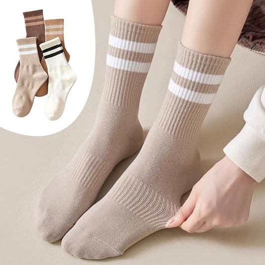 4 pairs - Socks - Cotton Socks - Autumn and winter socks - Comfortable and durable socks - striped socks for women - comfortable cotton leisure socks for women - cute socks - white, coffee, khaki, light brown