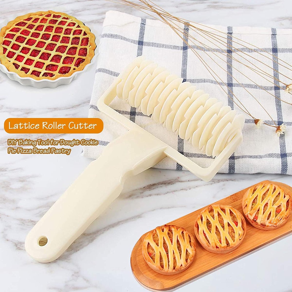 Dough cutter - Grid roller - Grid cutter - Grid cutter for rolling pins - Grid dough knife - roller cutter - rolling pin - kitchen utensils - baking tools - for cookies, cakes, pizza, bread - white - 19.5*12 cm