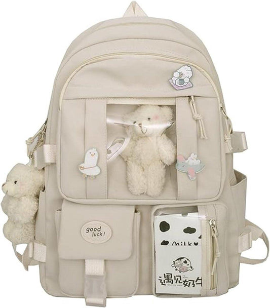 Waterproof backpack for girls - Girl's Backpack With Pin and Accessories - boys' backpack - women's backpack - Lightweight School Bag - School Student School Bag - Large Capacity Backpacks - Teenagers - High School Backpacks - White.
