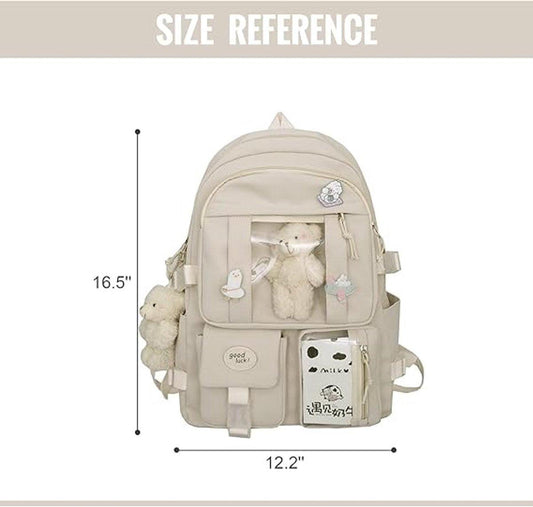 Waterproof backpack for girls - Girl's Backpack With Pin and Accessories - boys' backpack - women's backpack - Lightweight School Bag - School Student School Bag - Large Capacity Backpacks - Teenagers - High School Backpacks - White.