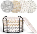 Set of 8 Round Coasters with Stand - Coaster Set - Thermal Insulation - Non-Slip Braided Cotton Coasters - Coasters for Glasses - for Glasses - For Drinks, Bar, Cups, Table Coasters