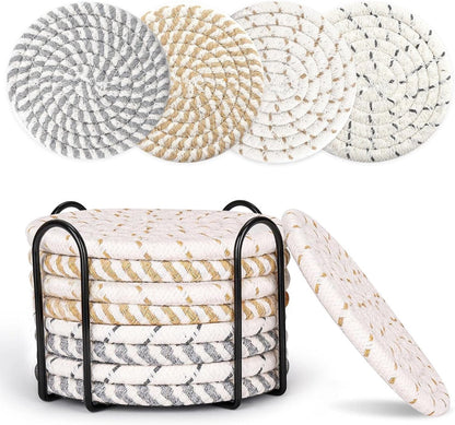 Set of 8 Round Coasters with Stand - Coaster Set - Thermal Insulation - Non-Slip Braided Cotton Coasters - Coasters for Glasses - for Glasses - For Drinks, Bar, Cups, Table Coasters