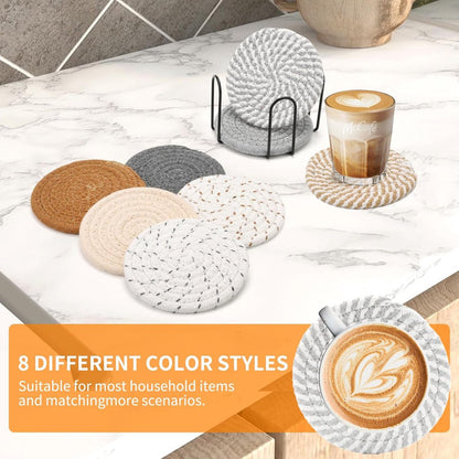 Set of 8 Round Coasters with Stand - Coaster Set - Thermal Insulation - Non-Slip Braided Cotton Coasters - Coasters for Glasses - for Glasses - For Drinks, Bar, Cups, Table Coasters