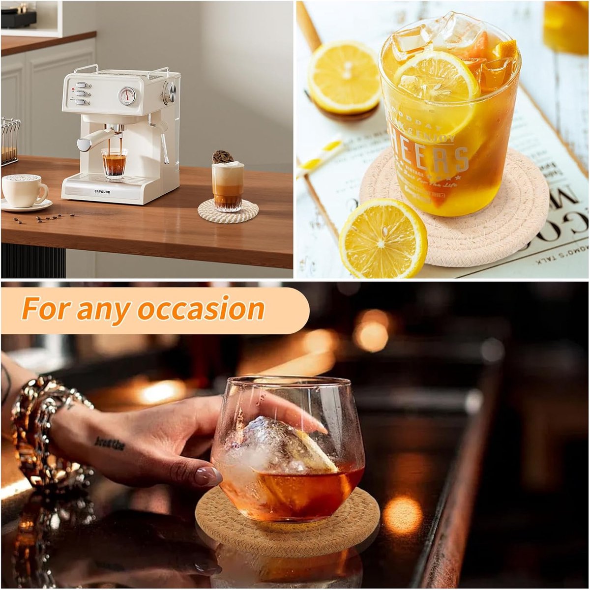 Set of 8 Round Coasters with Stand - Coaster Set - Thermal Insulation - Non-Slip Braided Cotton Coasters - Coasters for Glasses - for Glasses - For Drinks, Bar, Cups, Table Coasters